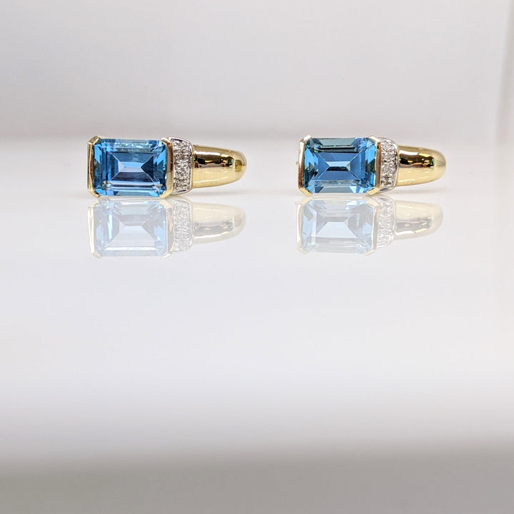 14K BLUE TOPAZ EMERALD CUT 7X9 WITH DIAMONDS ESTATE EARRINGS 5.4 GRAMS