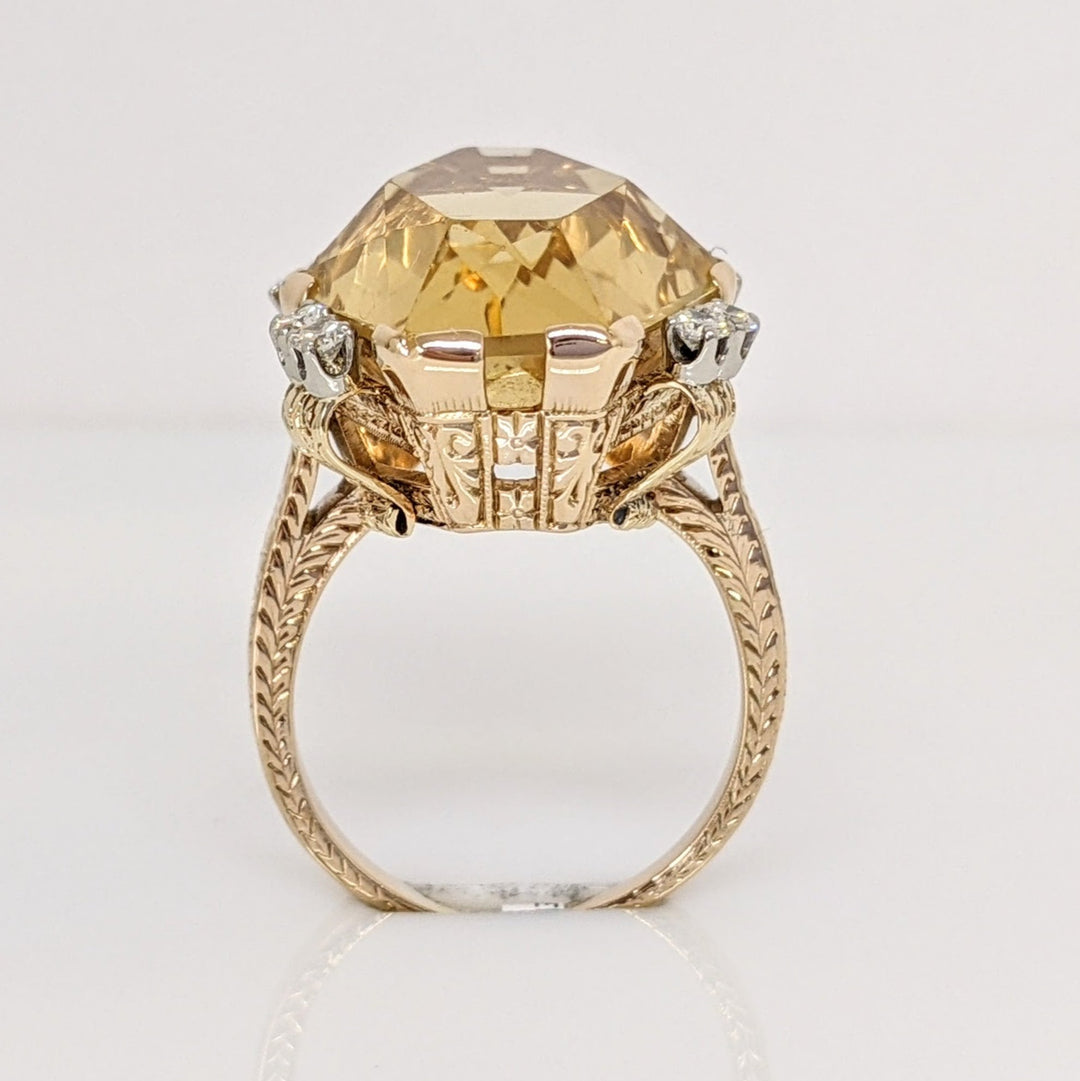 14K CITRINE HEXAGON 23X17 WITH .28 DIAMOND TOTAL WEIGHT (8) ESTATE RING 10.5 GRAMS