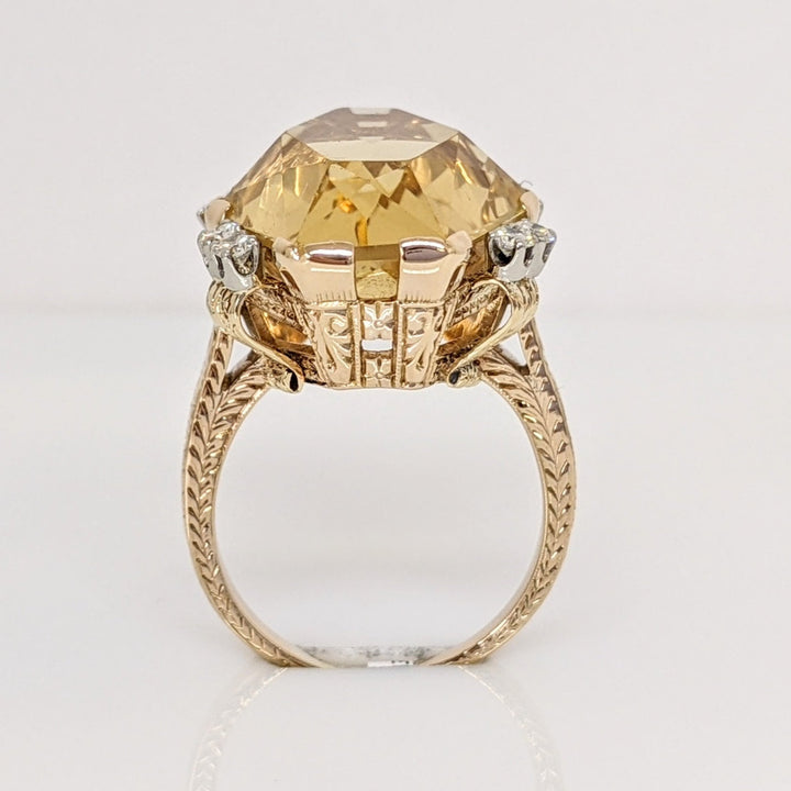 14K CITRINE HEXAGON 23X17 WITH .28 DIAMOND TOTAL WEIGHT (8) ESTATE RING 10.5 GRAMS