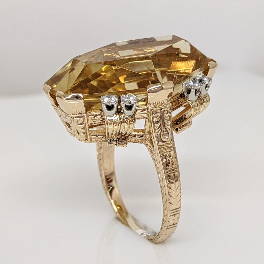 14K CITRINE HEXAGON 23X17 WITH .28 DIAMOND TOTAL WEIGHT (8) ESTATE RING 10.5 GRAMS