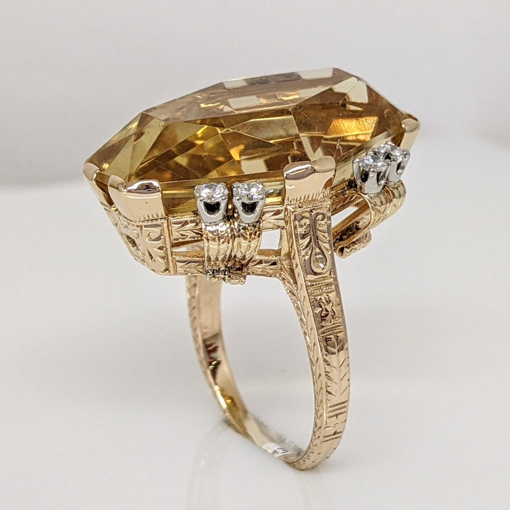 14K CITRINE HEXAGON 23X17 WITH .28 DIAMOND TOTAL WEIGHT (8) ESTATE RING 10.5 GRAMS