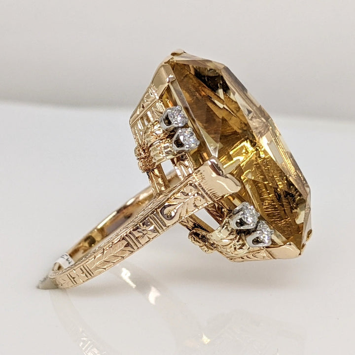 14K CITRINE HEXAGON 23X17 WITH .28 DIAMOND TOTAL WEIGHT (8) ESTATE RING 10.5 GRAMS