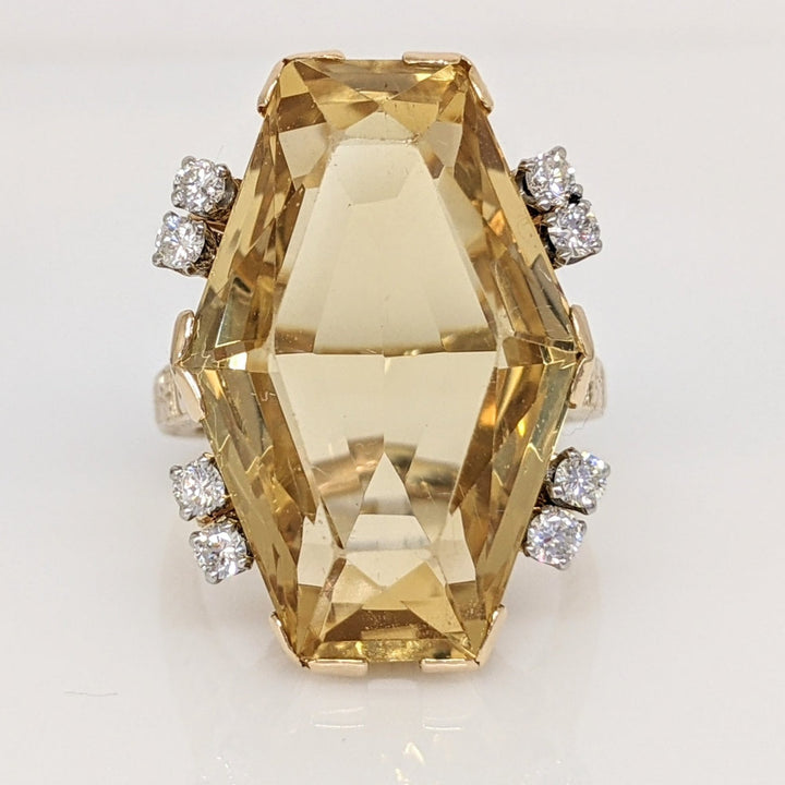 14K CITRINE HEXAGON 23X17 WITH .28 DIAMOND TOTAL WEIGHT (8) ESTATE RING 10.5 GRAMS