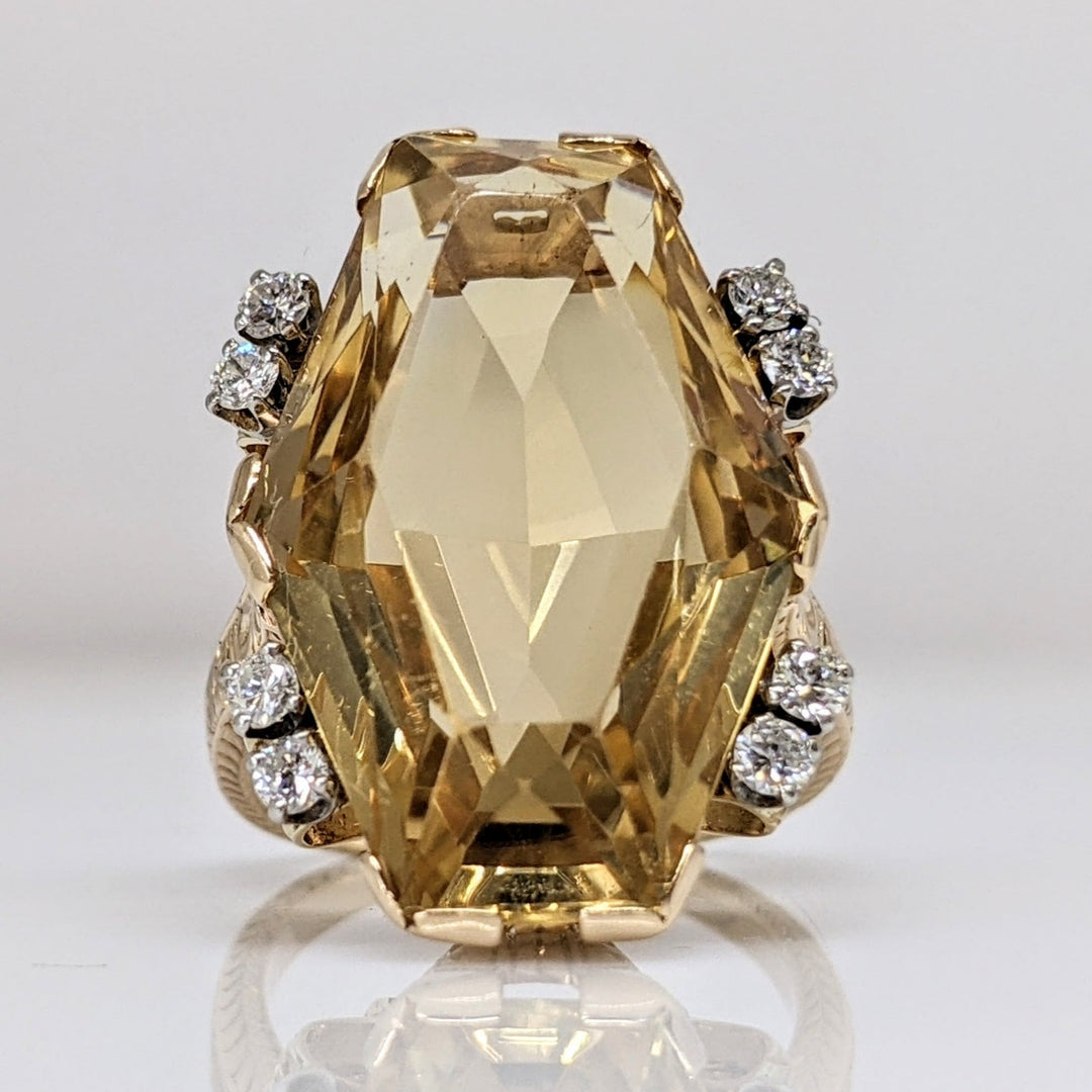 14K CITRINE HEXAGON 23X17 WITH .28 DIAMOND TOTAL WEIGHT (8) ESTATE RING 10.5 GRAMS
