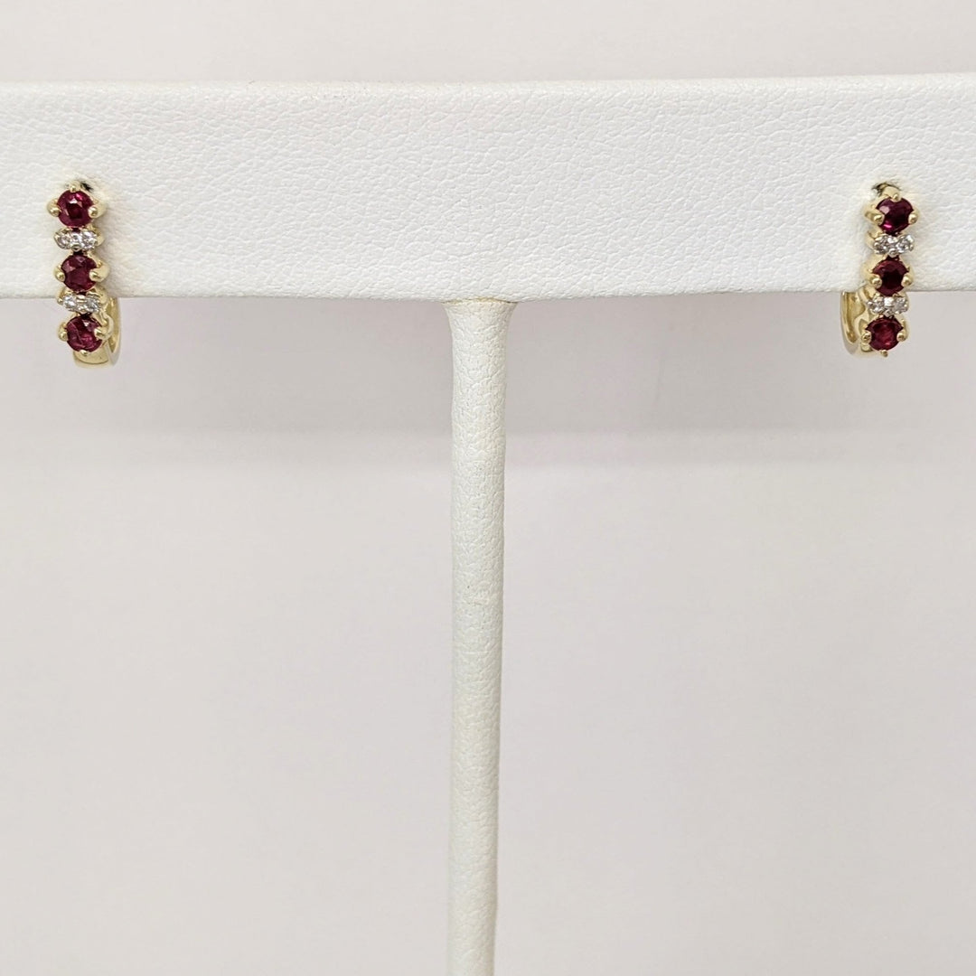 14K RUBY ROUND (6) 2.5MM WITH (8) MELEE J-STYLE ESTATE EARRINGS 1.8 GRAMS