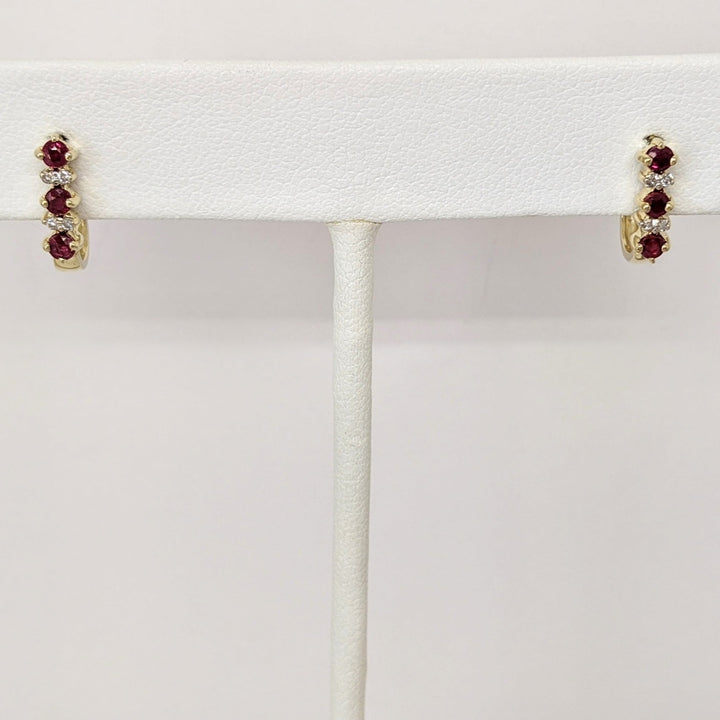 14K RUBY ROUND (6) 2.5MM WITH (8) MELEE J-STYLE ESTATE EARRINGS 1.8 GRAMS