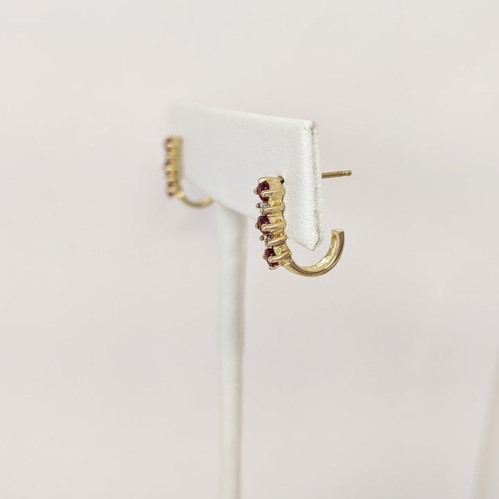 14K RUBY ROUND (6) 2.5MM WITH (8) MELEE J-STYLE ESTATE EARRINGS 1.8 GRAMS