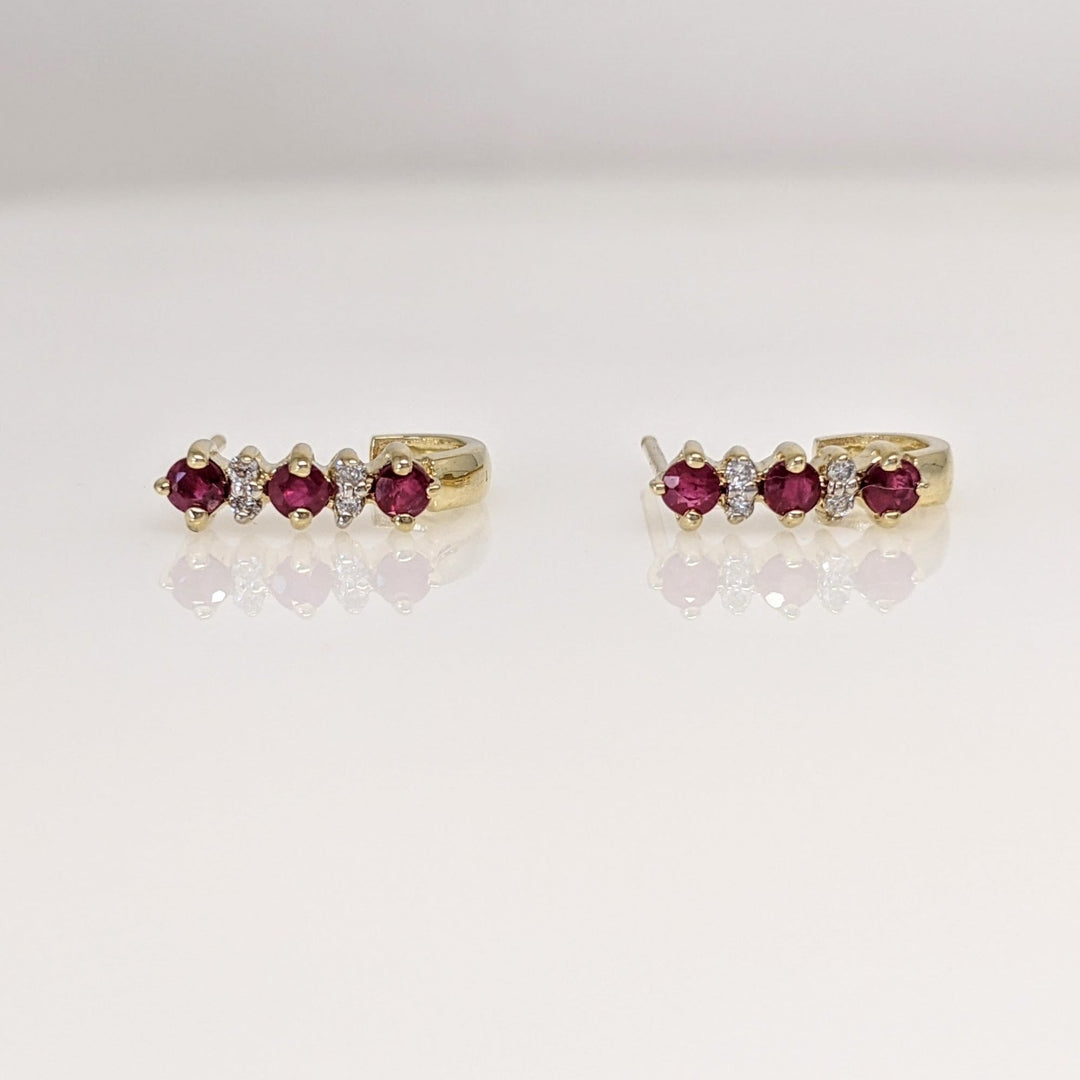 14K RUBY ROUND (6) 2.5MM WITH (8) MELEE J-STYLE ESTATE EARRINGS 1.8 GRAMS