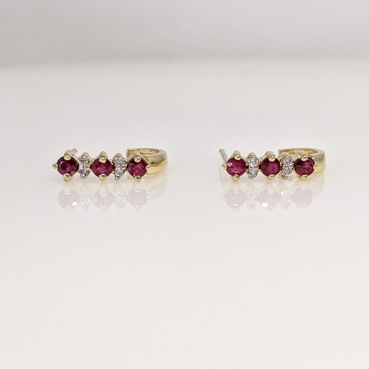 14K RUBY ROUND (6) 2.5MM WITH (8) MELEE J-STYLE ESTATE EARRINGS 1.8 GRAMS