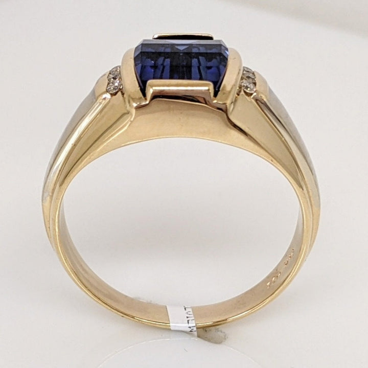 14K LAB-CREATED SAPPHIRE CHECKERBOARD 8X9.5 WITH .12 DIAMOND TOTAL WEIGHT ESTATE RING 7.9 GRAMS