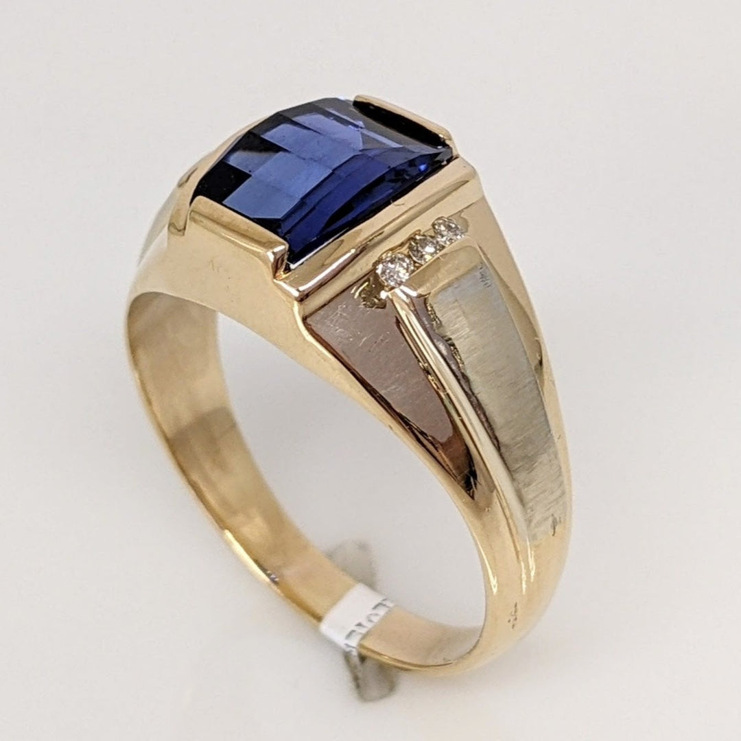 14K LAB-CREATED SAPPHIRE CHECKERBOARD 8X9.5 WITH .12 DIAMOND TOTAL WEIGHT ESTATE RING 7.9 GRAMS