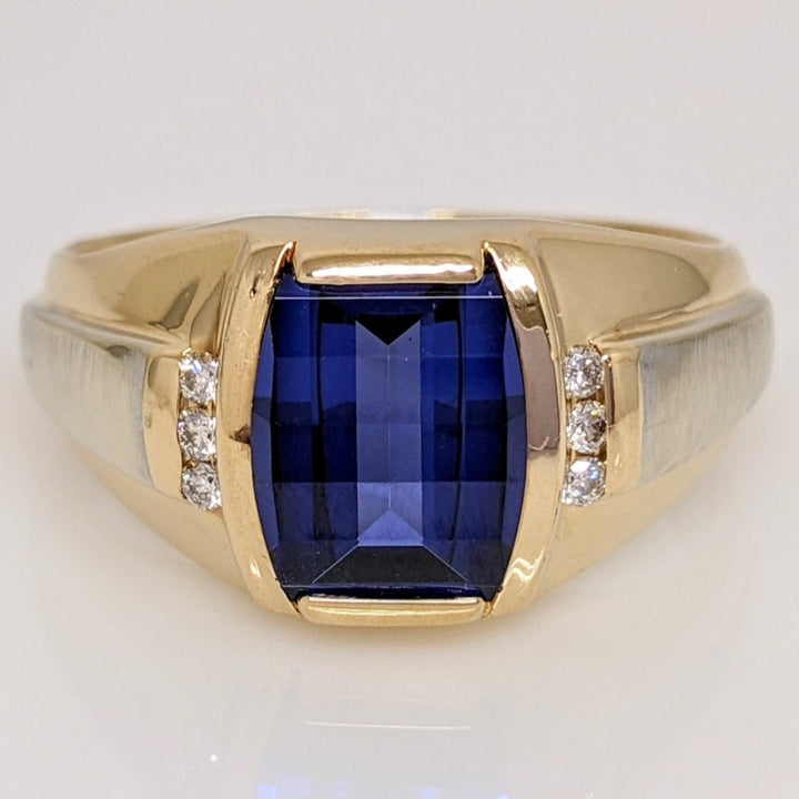 14K LAB-CREATED SAPPHIRE CHECKERBOARD 8X9.5 WITH .12 DIAMOND TOTAL WEIGHT ESTATE RING 7.9 GRAMS