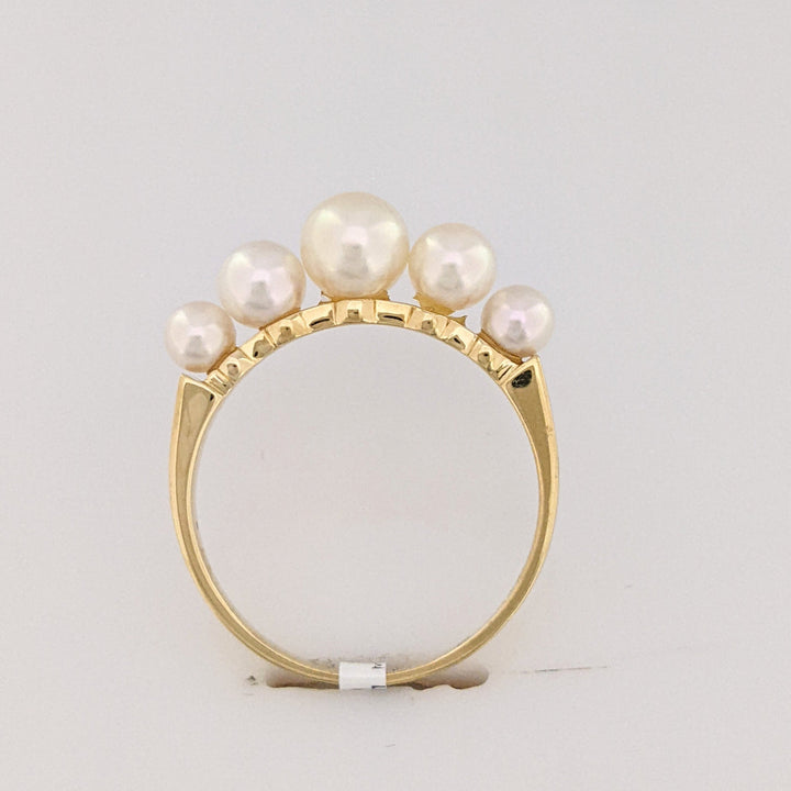 18K PEARL ROUND (5) GRADUATED ESTATE RING 2.5 GRAMS
