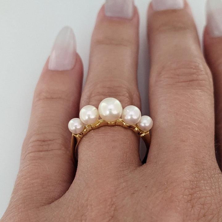18K PEARL ROUND (5) GRADUATED ESTATE RING 2.5 GRAMS