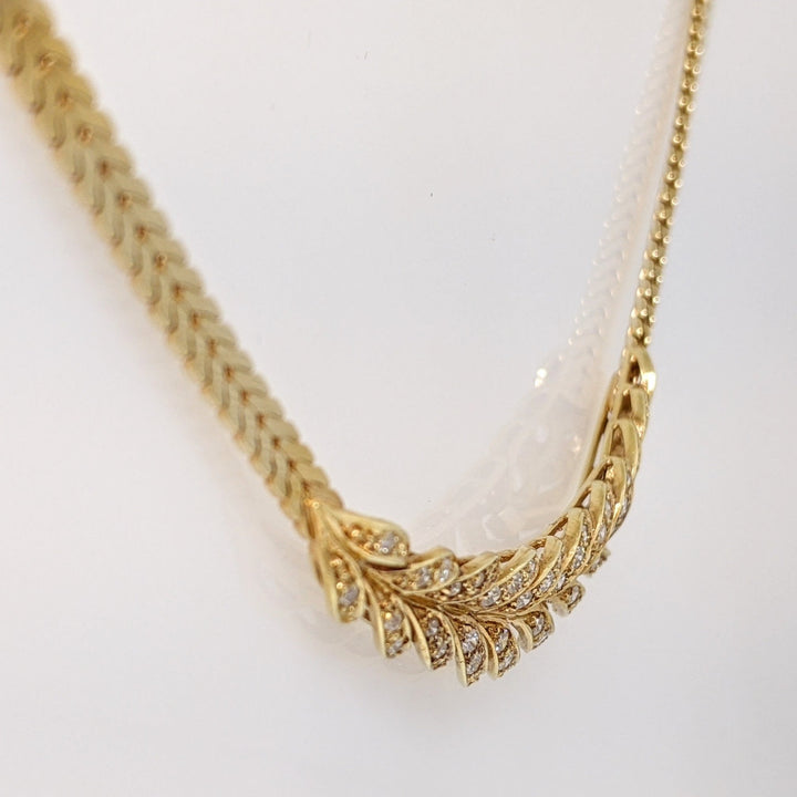 14K .93 CARAT TOTAL WEIGHT VS2 I DIAMOND ROUND (54) SIDEWAYS FEATHER NECKLACE 22.6 GRAMS