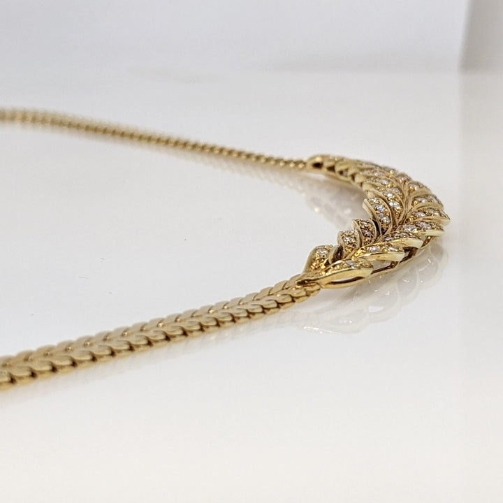 14K .93 CARAT TOTAL WEIGHT VS2 I DIAMOND ROUND (54) SIDEWAYS FEATHER NECKLACE 22.6 GRAMS