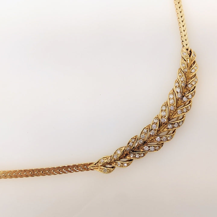 14K .93 CARAT TOTAL WEIGHT VS2 I DIAMOND ROUND (54) SIDEWAYS FEATHER NECKLACE 22.6 GRAMS