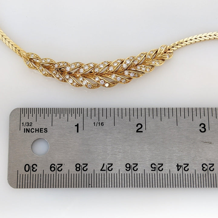 14K .93 CARAT TOTAL WEIGHT VS2 I DIAMOND ROUND (54) SIDEWAYS FEATHER NECKLACE 22.6 GRAMS
