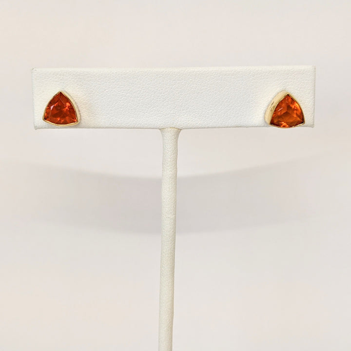 14K MEXICAN FIRE OPAL TRILLION 7MM BEZEL ESTATE EARRINGS 2.3 GRAMS