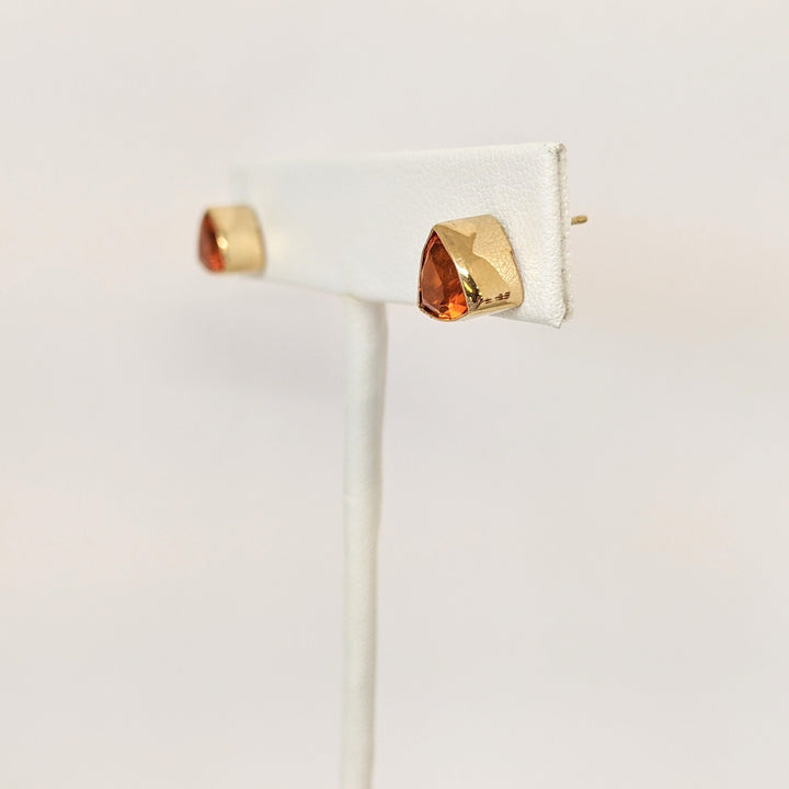 14K MEXICAN FIRE OPAL TRILLION 7MM BEZEL ESTATE EARRINGS 2.3 GRAMS