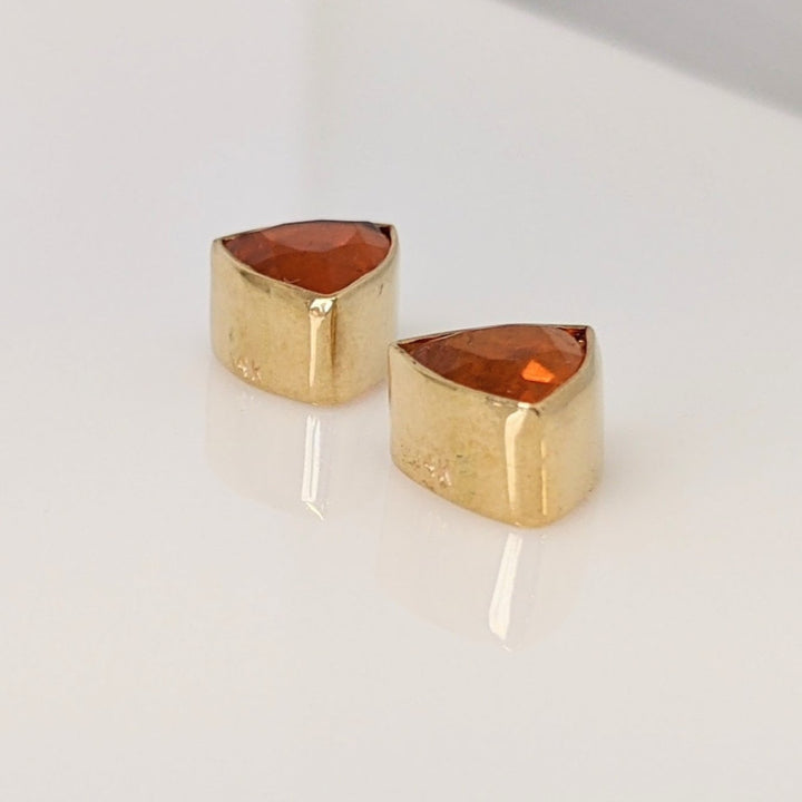 14K MEXICAN FIRE OPAL TRILLION 7MM BEZEL ESTATE EARRINGS 2.3 GRAMS