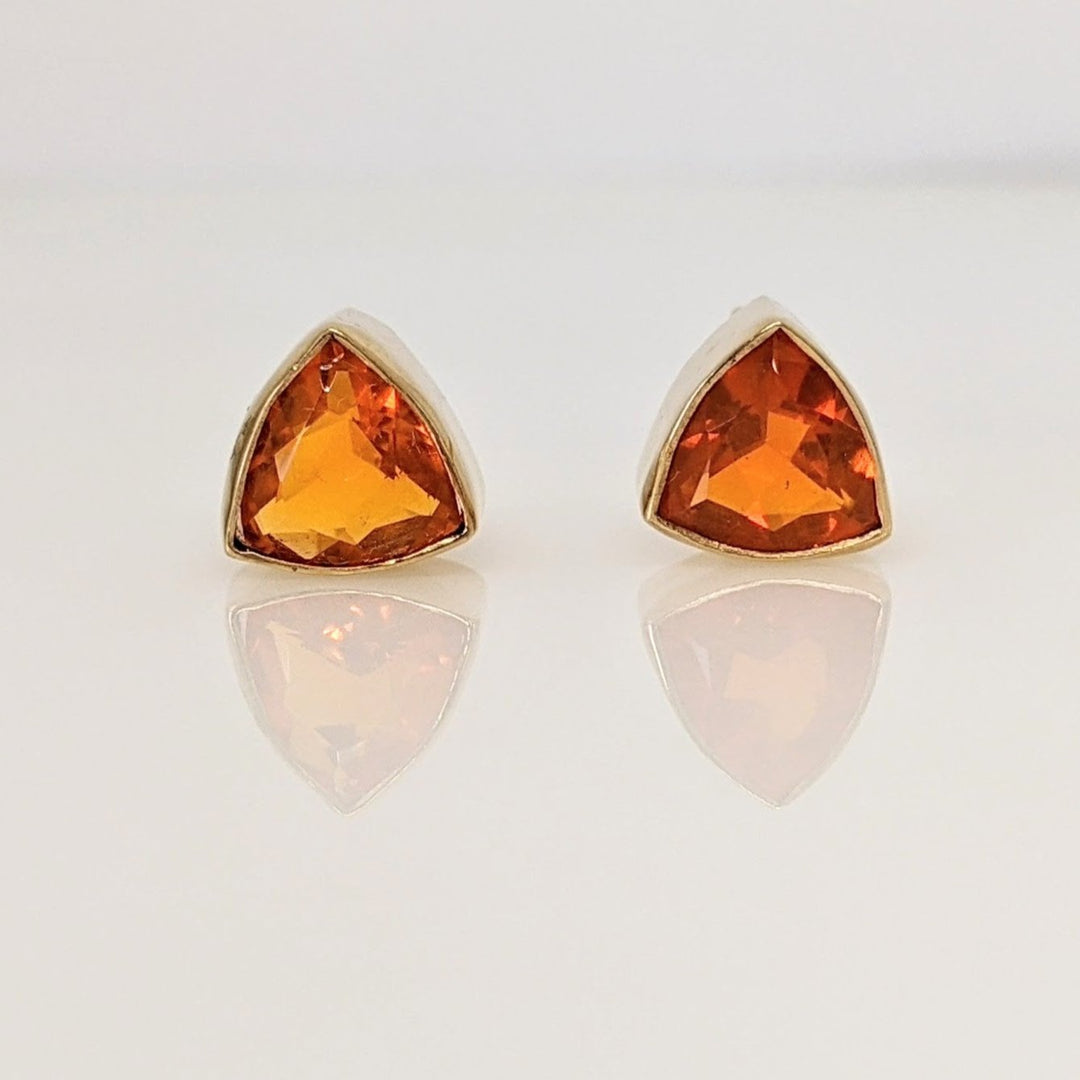 14K MEXICAN FIRE OPAL TRILLION 7MM BEZEL ESTATE EARRINGS 2.3 GRAMS
