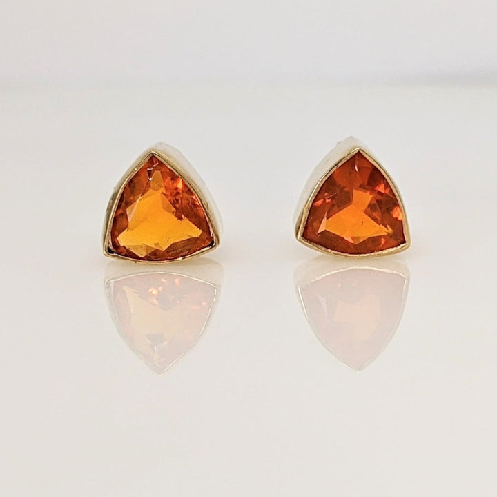 14K MEXICAN FIRE OPAL TRILLION 7MM BEZEL ESTATE EARRINGS 2.3 GRAMS