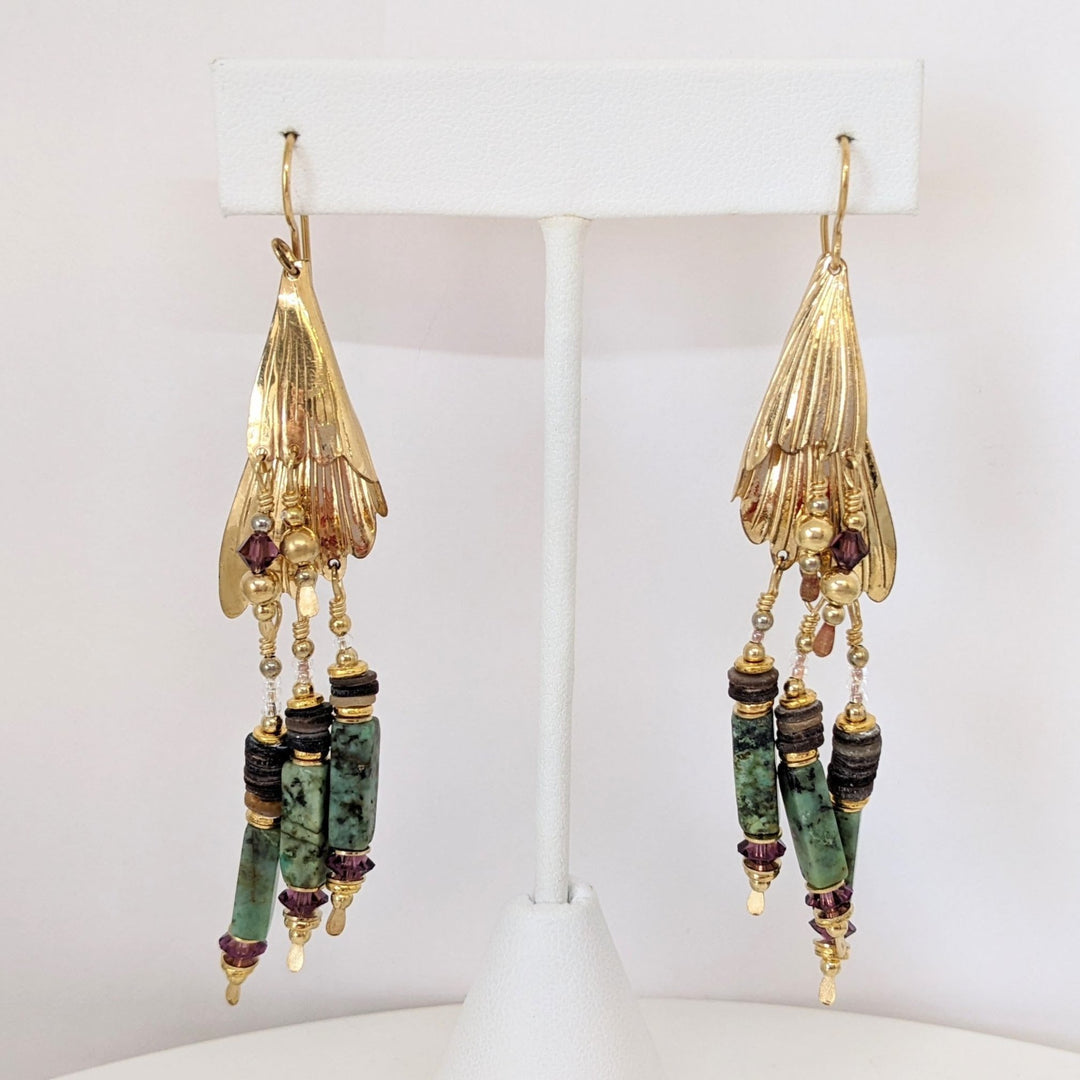 14K AGATE BARS WITH GLASS BEAD DANGLE ESTATE EARRINGS 11.4 GRAMS