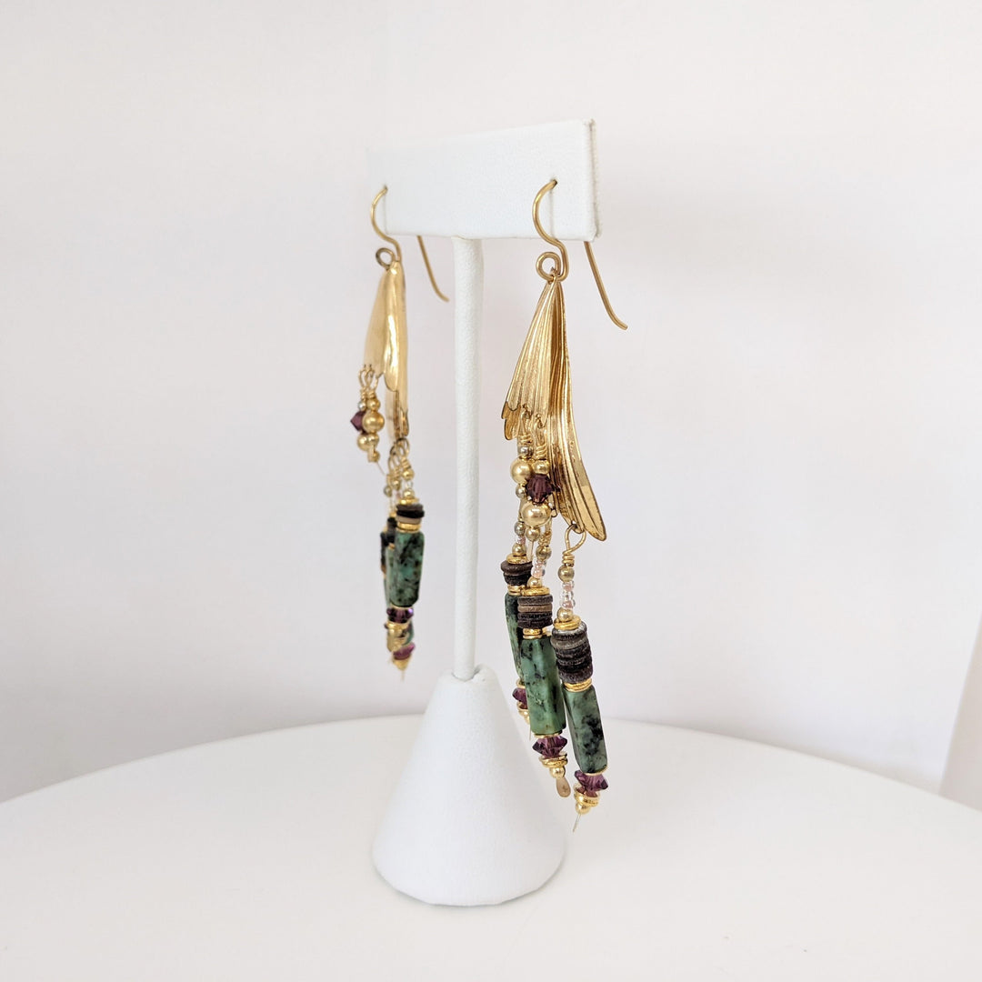 14K AGATE BARS WITH GLASS BEAD DANGLE ESTATE EARRINGS 11.4 GRAMS