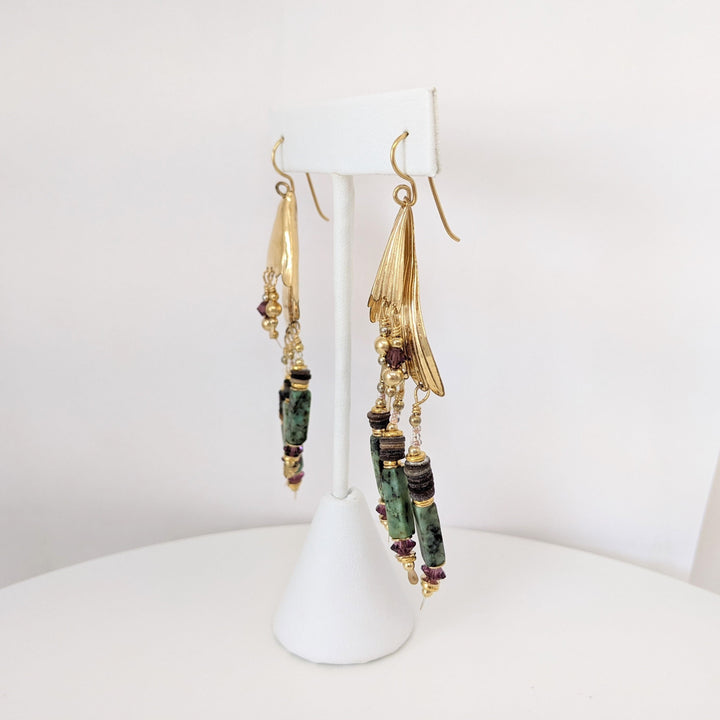 14K AGATE BARS WITH GLASS BEAD DANGLE ESTATE EARRINGS 11.4 GRAMS