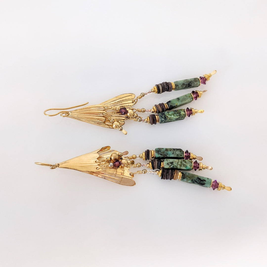 14K AGATE BARS WITH GLASS BEAD DANGLE ESTATE EARRINGS 11.4 GRAMS