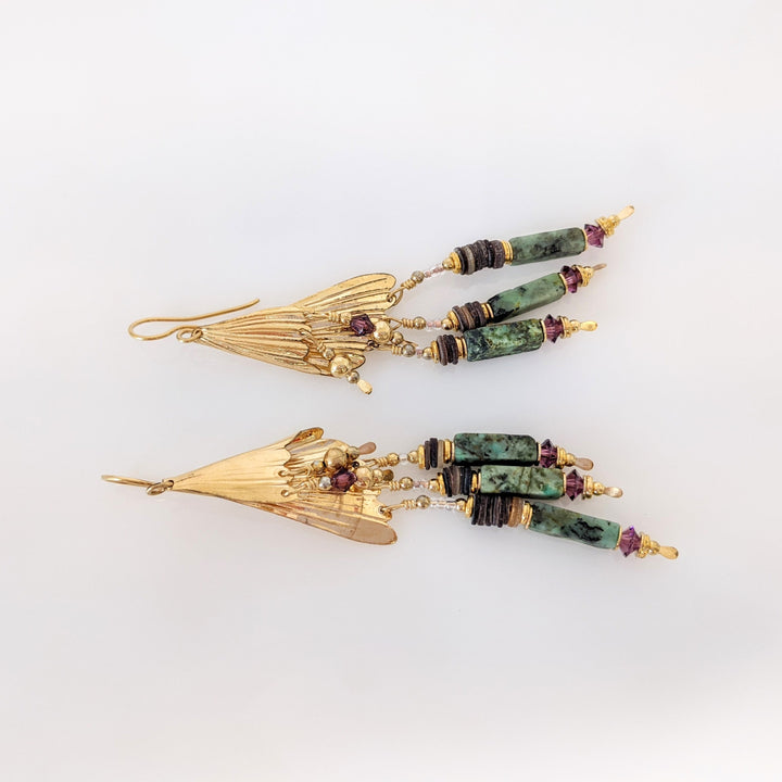 14K AGATE BARS WITH GLASS BEAD DANGLE ESTATE EARRINGS 11.4 GRAMS