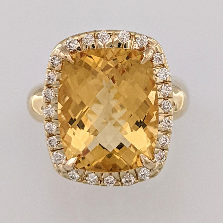 14K CITRINE CUSHION 12X15 WITH (24) DIAMONDS ESTATE RING 9.7 GRAMS