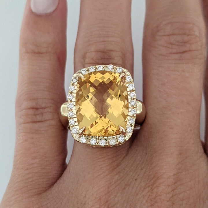 14K CITRINE CUSHION 12X15 WITH (24) DIAMONDS ESTATE RING 9.7 GRAMS