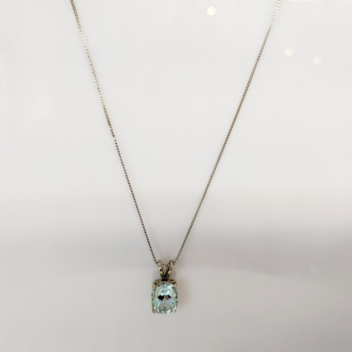 14K WHITE AQUAMARINE CUSHION 7X9 ESTATE PENDANT & CHAIN 2.6 GRAMS
