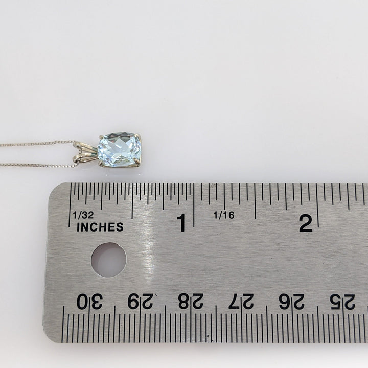 14K WHITE AQUAMARINE CUSHION 7X9 ESTATE PENDANT & CHAIN 2.6 GRAMS