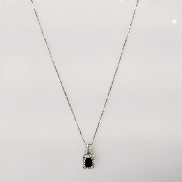 14K WHITE SAPPHIRE EMERALD CUT 5X7 WITH .48 DIAMOND TOTAL WEIGHT (24) ESTATE PENDANT & CHAIN 3.9 GRAMS