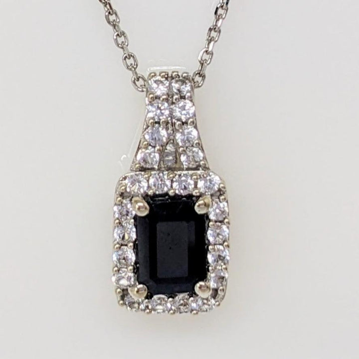 14K WHITE SAPPHIRE EMERALD CUT 5X7 WITH .48 DIAMOND TOTAL WEIGHT (24) ESTATE PENDANT & CHAIN 3.9 GRAMS
