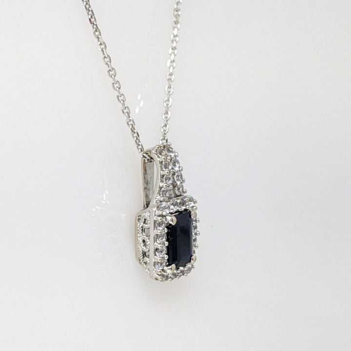 14K WHITE SAPPHIRE EMERALD CUT 5X7 WITH .48 DIAMOND TOTAL WEIGHT (24) ESTATE PENDANT & CHAIN 3.9 GRAMS