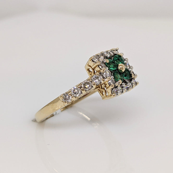 14K EMERALD ROUND (4) 2.4MM WITH .50 DIAMOND TOTAL WEIGHT ESTATE RING 3.9 GRAMS