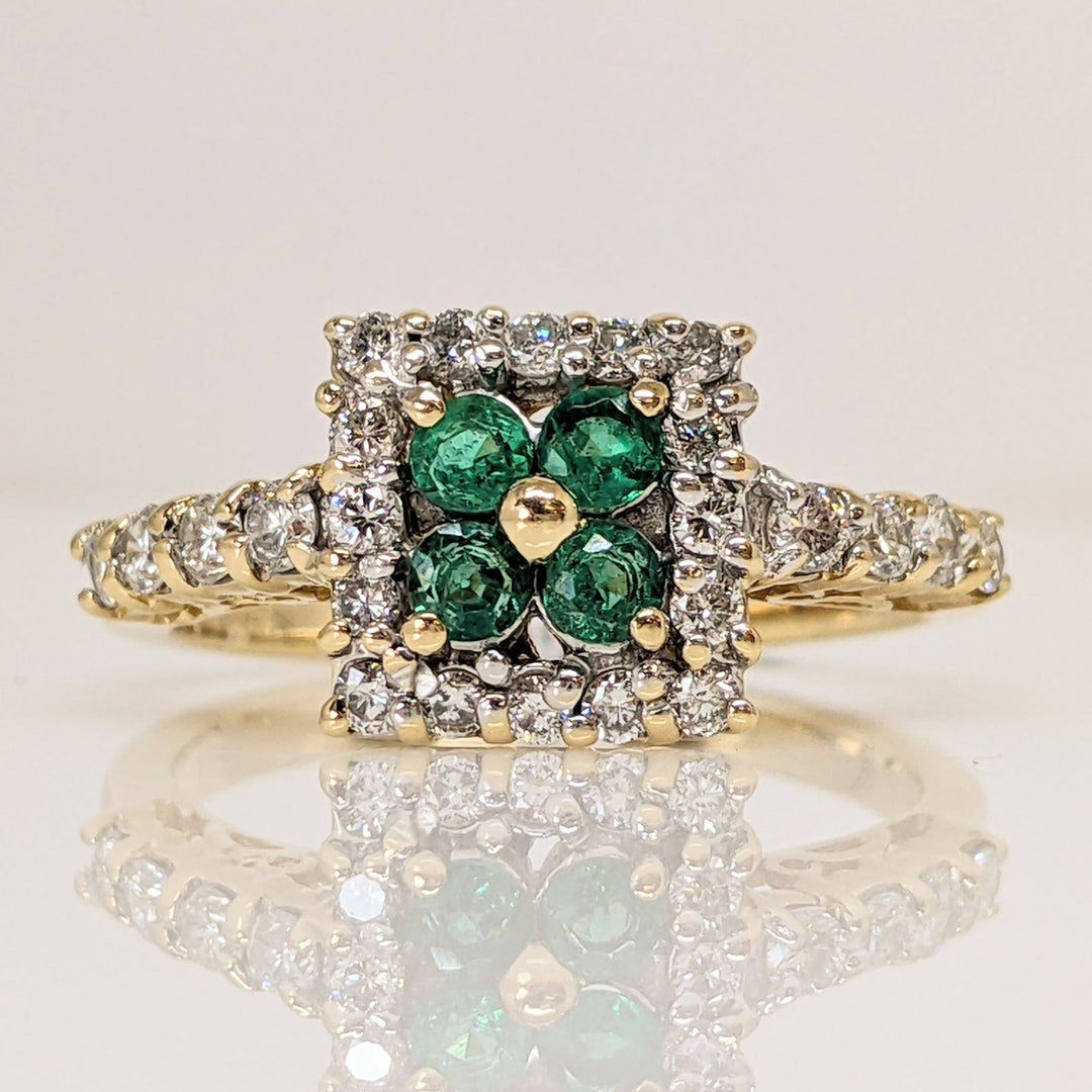 14K EMERALD ROUND (4) 2.4MM WITH .50 DIAMOND TOTAL WEIGHT ESTATE RING 3.9 GRAMS