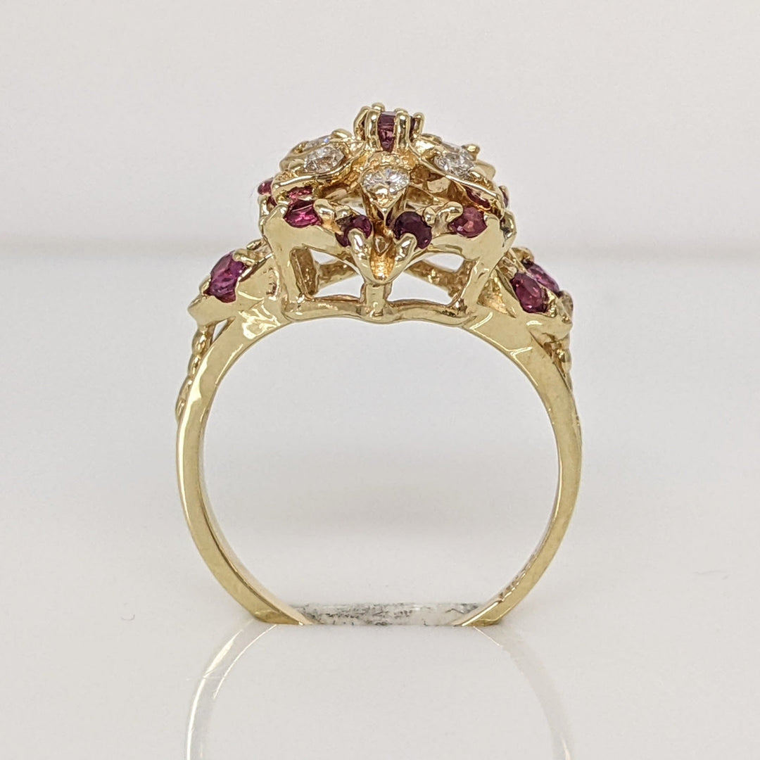 14K RUBY ROUND (17) WITH .18 DIAMOND TOTAL WEIGHT (6) ROUND ESTATE FLORAL CLUSTER RING 3.7 GRAMS
