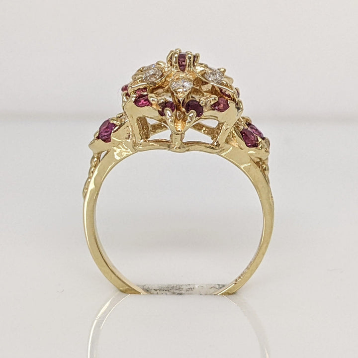 14K RUBY ROUND (17) WITH .18 DIAMOND TOTAL WEIGHT (6) ROUND ESTATE FLORAL CLUSTER RING 3.7 GRAMS