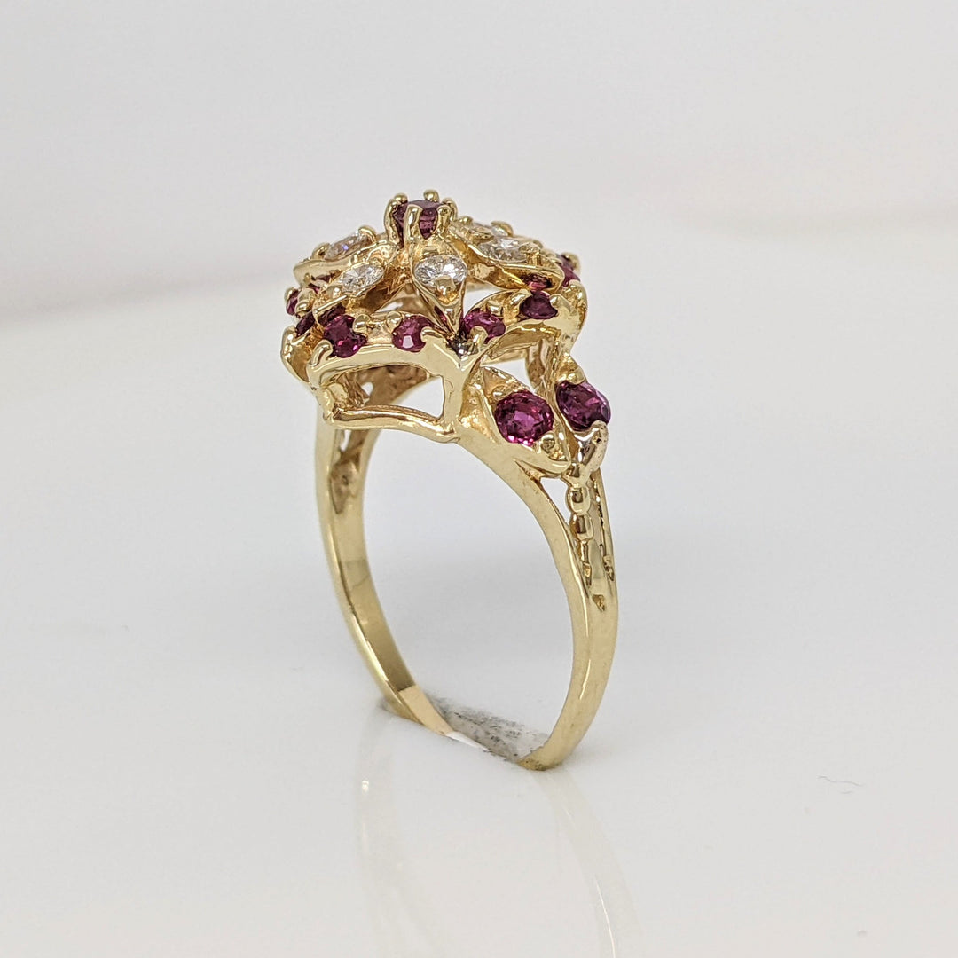 14K RUBY ROUND (17) WITH .18 DIAMOND TOTAL WEIGHT (6) ROUND ESTATE FLORAL CLUSTER RING 3.7 GRAMS