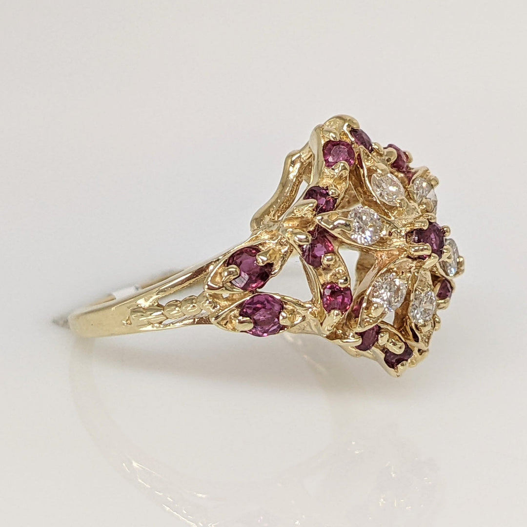 14K RUBY ROUND (17) WITH .18 DIAMOND TOTAL WEIGHT (6) ROUND ESTATE FLORAL CLUSTER RING 3.7 GRAMS