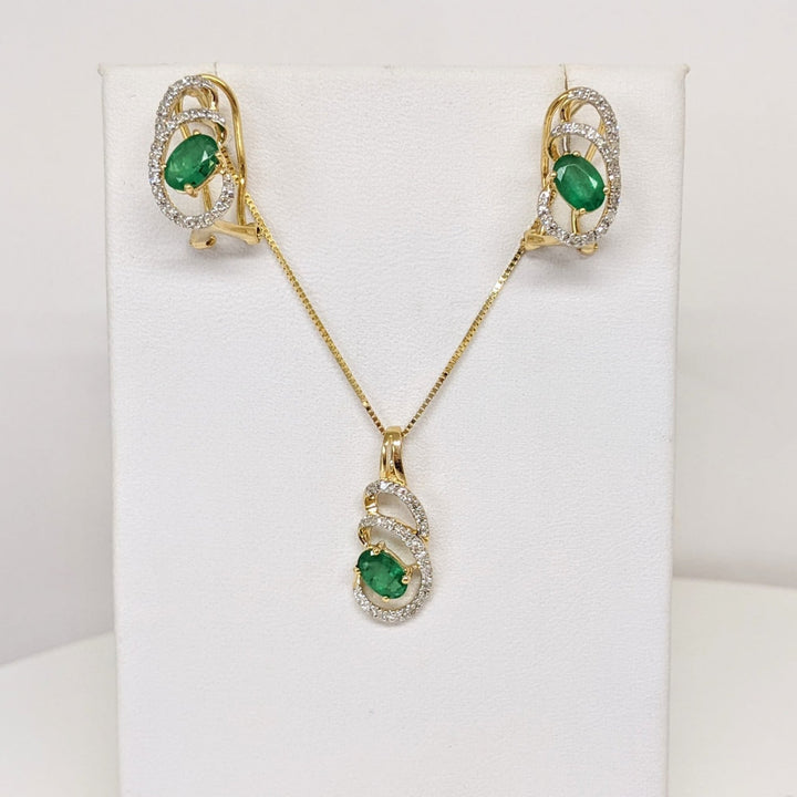 14K EMERALD OVAL 4X6 (3) WITH MELEE SWIRL ESTATE PENDANT, CHAIN, AND EARRING SET 5.1 GRAMS