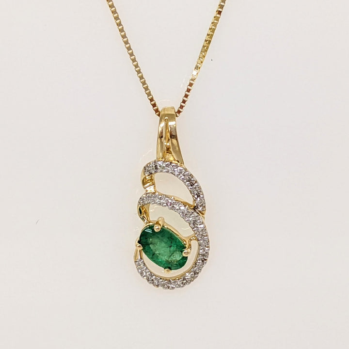 14K EMERALD OVAL 4X6 (3) WITH MELEE SWIRL ESTATE PENDANT, CHAIN, AND EARRING SET 5.1 GRAMS