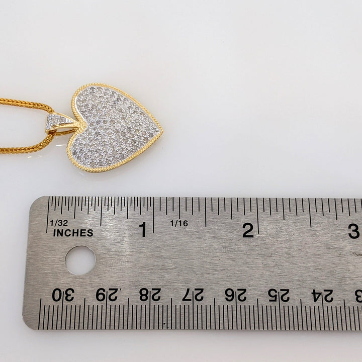 14k 1.31 CARAT TOTAL WEIGHT I2 I DIAMOND ROUND (131) ENCRUSTED HEART PENDANT & CHAIN 9.8 GRAMS
