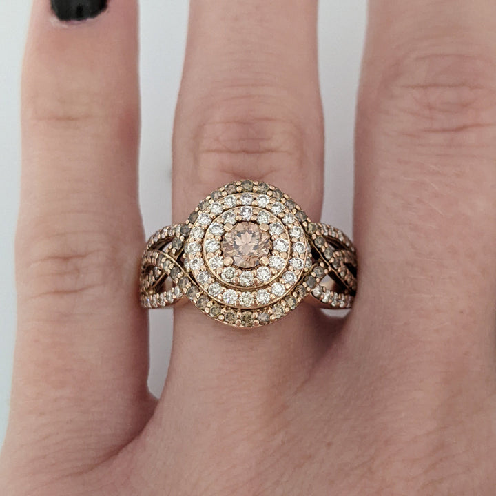 14K ROSE 2.10 CARAT TOTAL WEIGHT SI1 I/ BROWN (131) ESTATE HALO RING 6.4 GRAMS