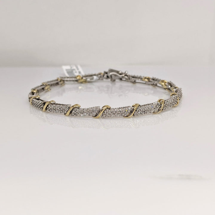 14K TWO- TONE .98 CARAT TOTAL WEIGHT I2-I1 H DIAMOND ROUND (198) ESTATE LINK BRACELET 9.2 GRAMS